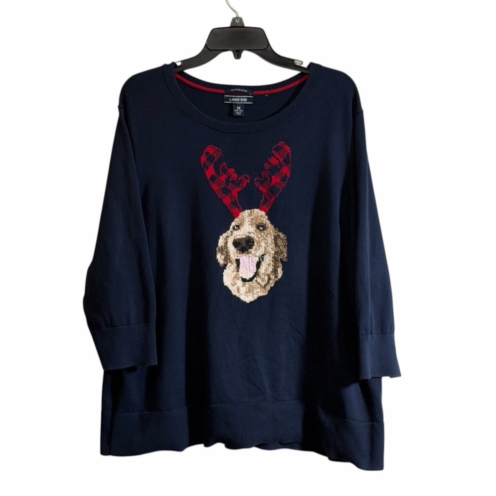 Lands End 3X Golden Retriever Reindeer Antler Sweater Navy Cotton Christmas
